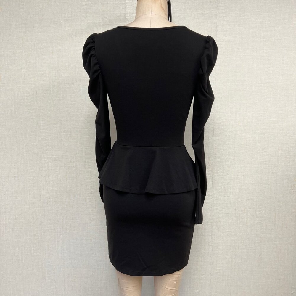 NWOT Deadstock 2000s Peplum Puff Sleeve Black Pencil Dress Small - Picture 4 of 4
